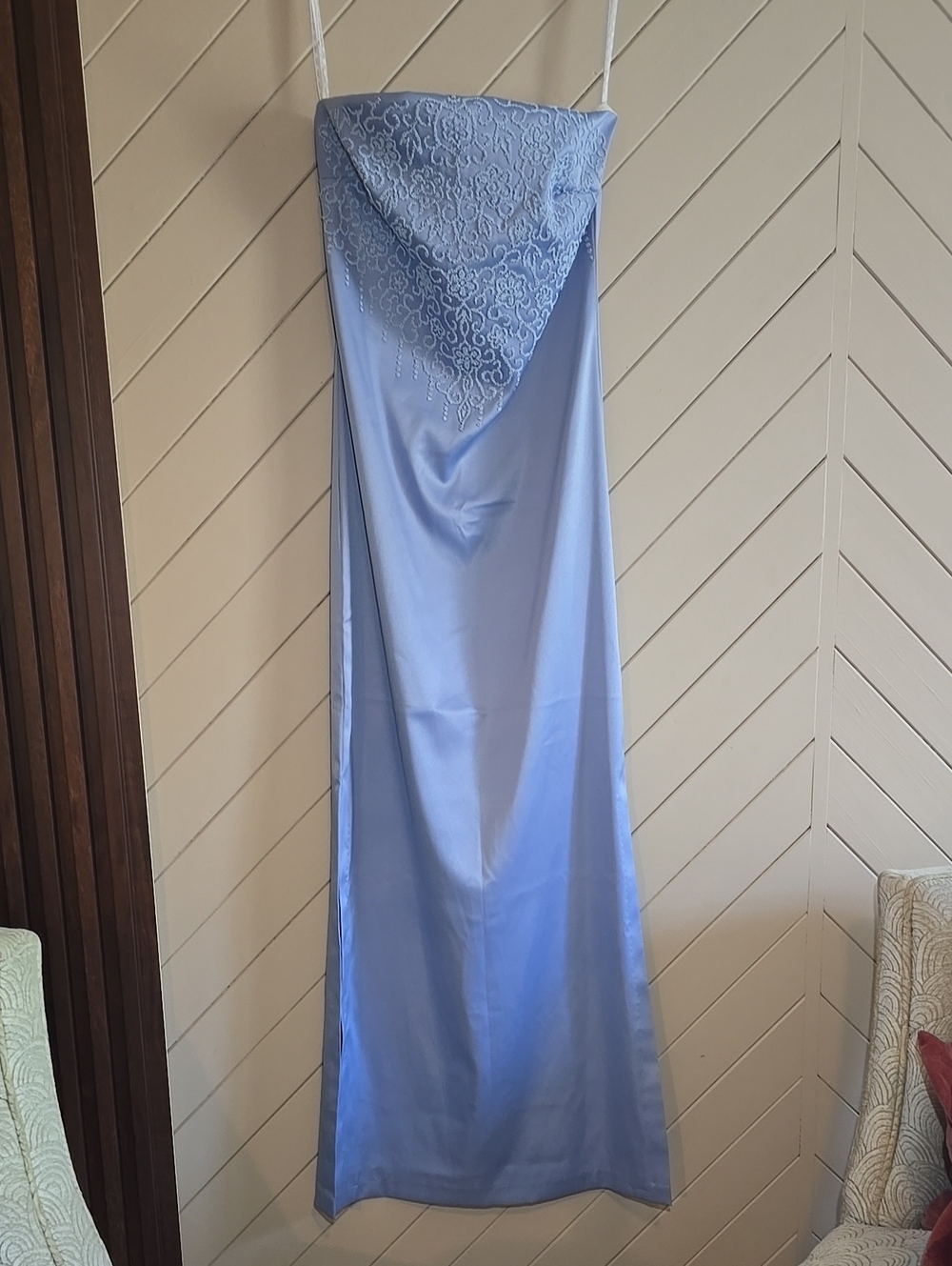 Light Blue Strapless Satin Evening Gown With Matching Wrap
